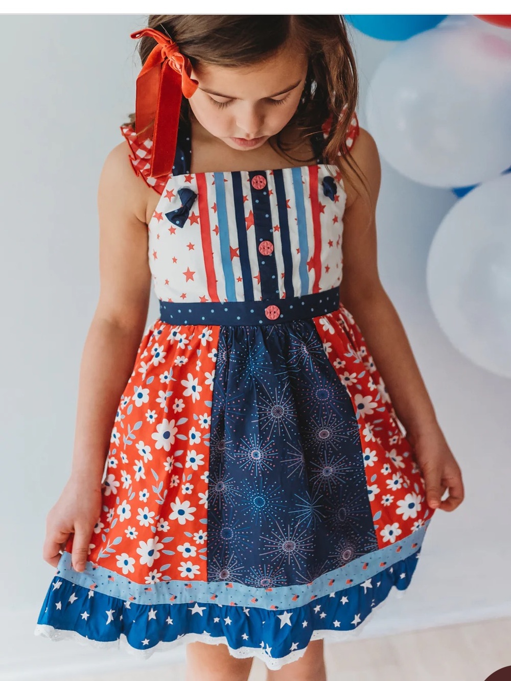 Matilda Jane Red Floral and Light Blue Mixed-Print Dress American 4th of July